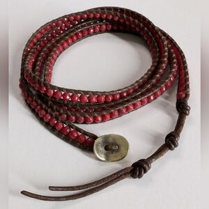 Signed Chen Luu Red Coral Bead Signature Button Wrap Bracelet